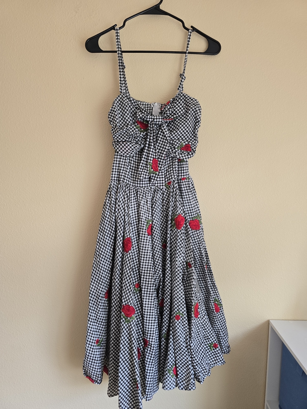 Unique Vintage Black & White Gingham Midi Dress with Red Rose Appliqués